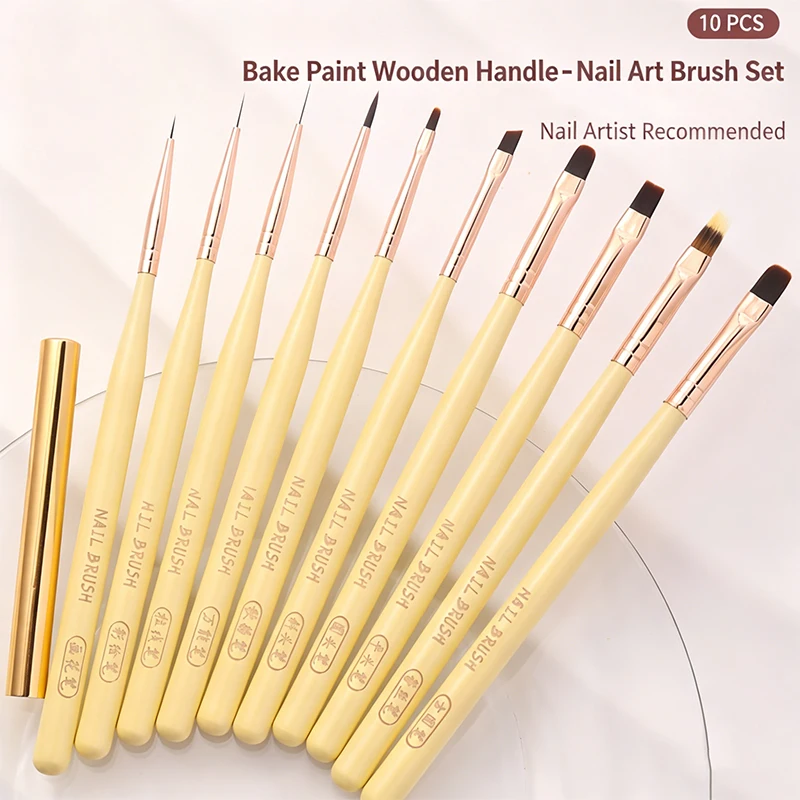 10Pcs Yellow Lacquer Wooden Nail Art Brush Set Soft Bristle With Caps UV Gel Liner Builder Gradient Flower Salon Manicure Tools