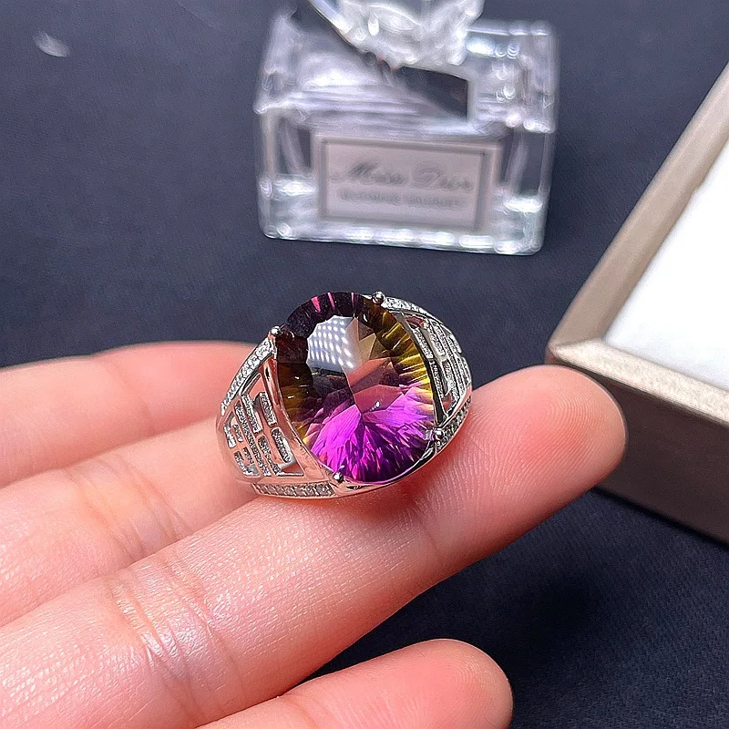 

Natural Ametrine Ring 12mm*16mm for Man VVS Grade 10ct Ametrine Jewelry with Gold Plating 925 Silver Big Gemstone Man Ring