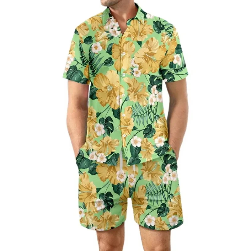 Flower print Hawaiian 2Pcs Set 3D leaf Print Shirt Sets Men Tracksuit Beach Short sleeve Daily Sportswear Shirt Set Two-pieces