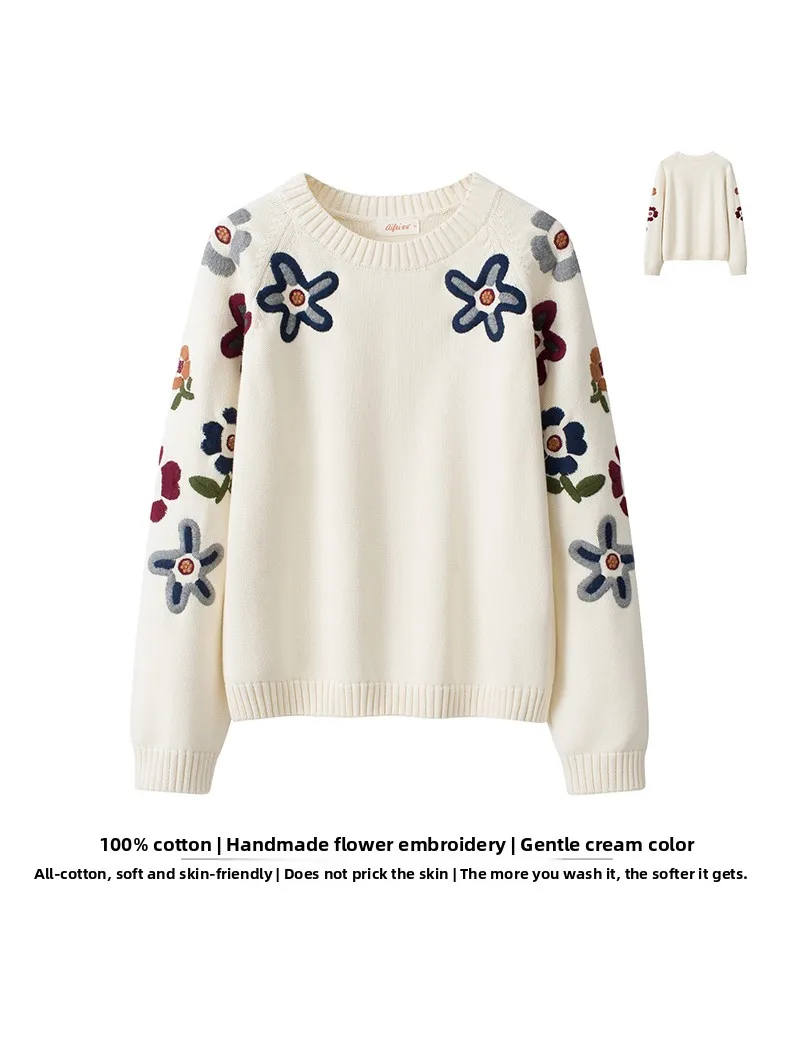 

Ele Embroidered Loose Fit round Ne Knitwear Women's Sweater Floral Design Casual Sle Long Sve Cotton Top