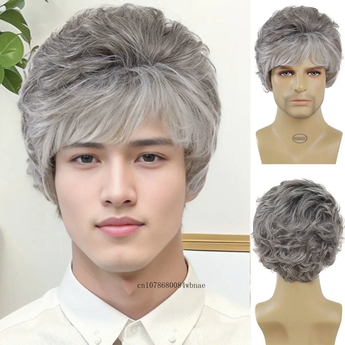 Grey Wig with Bangs Synthetic Short Layered Older Grandpa Wigs for Men High Temperature Fiber Hair Daily Party Costume Cosplay