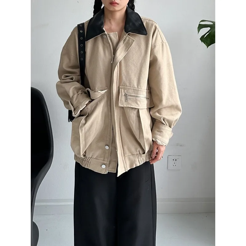 

SuperAen Leather Turn-down Collar Large Pocket Jackets 2026 Autumn New Korean Style Oversize Loose Casual Women's Coats