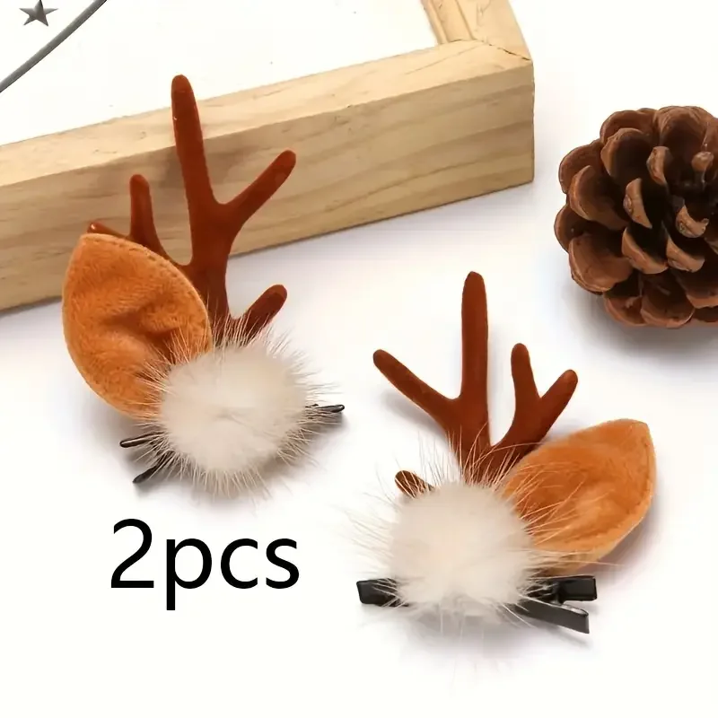 1 Pair of Adult Christmas Plush Antler Headbands - Soft Brown and White Faux Fur with Black Accents, Large Festive Party Decor