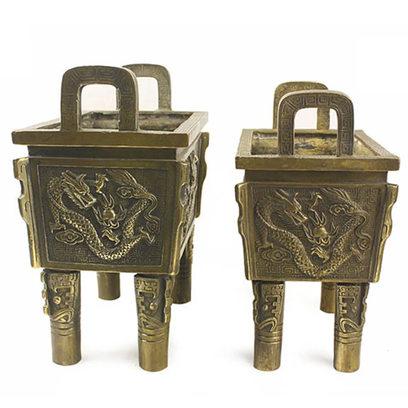 Pure square ornament, copper dragon tripod incense burner, office decoration, 