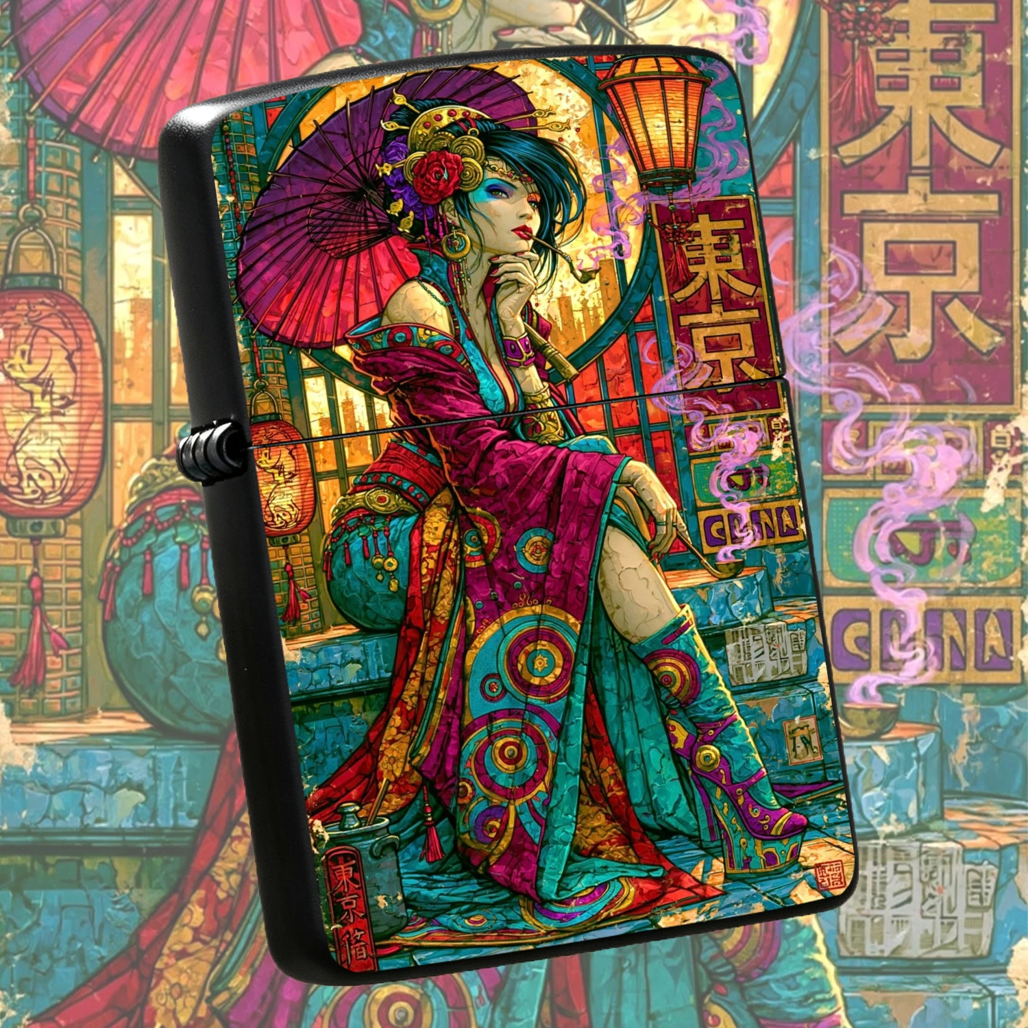 Vintage Cyber Geisha Pattern Lighter, Exotic Ukiyo-E Style Color Printing Decor, Portable Versatile Igniter For Daily Home Office Outdoor Scenarios, Unique Aesthetic Collectible Gift For Art Style Lovers A Humorous And Interesting Lighter