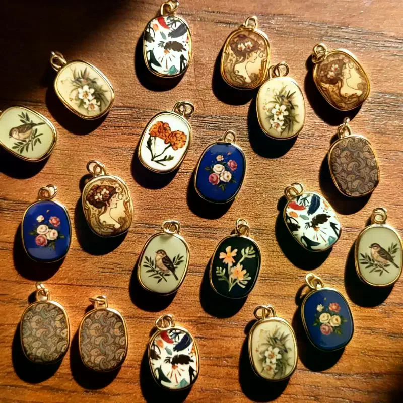 Vintage Oval Enamel Pendants, Hand Painted Assorted Designs, Charms for DIY Jewelry Making, Necklace & Bracelet Craft Supplies