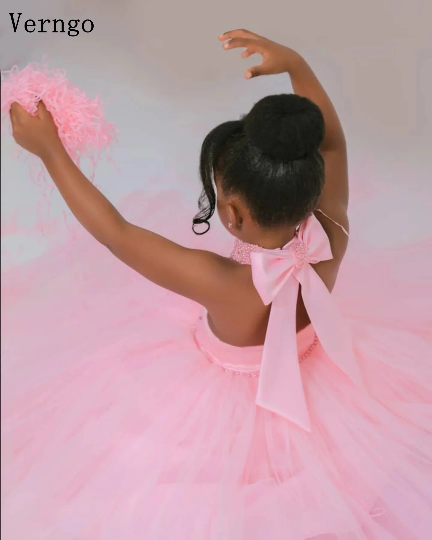 Verngo Pink Tulle Girl Flowers Dress Appliques Halter A Line Maxi Brithday Party Dress Backless Kid Prom Gown Customized