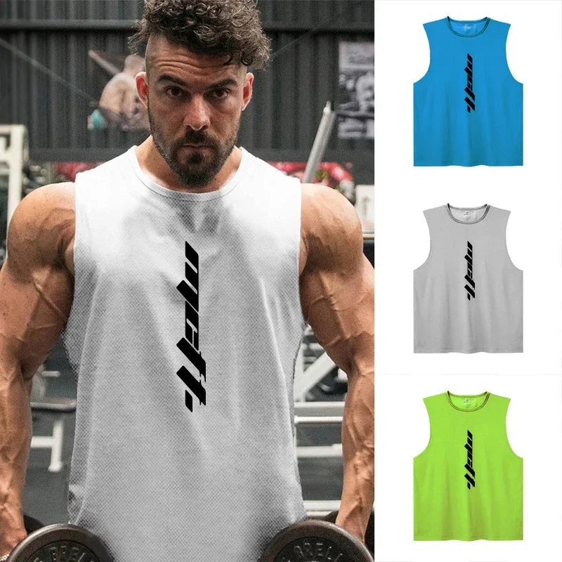 Mens Running Vests Mesh Fitness Sleeveless Tank Tops Muscle Training Undershirts O-neck Gym Clothing Bodybuilding Singlets