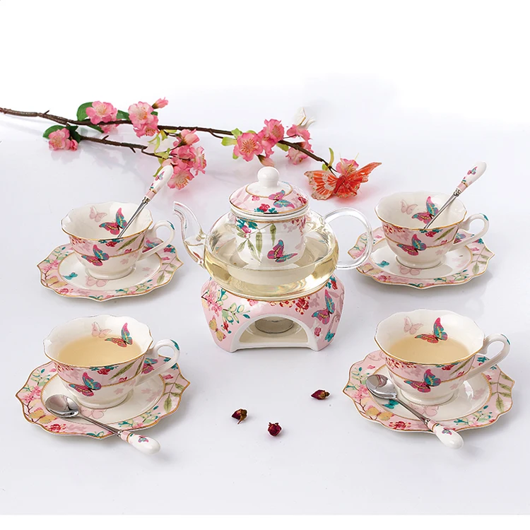 

Fashion Sakura Butterfly Flower Tea Tea Ware Coffee Set Heatable Warm Tea Stove Glass Teapot Ceramic Coffee Cup Saucer Spoon Set