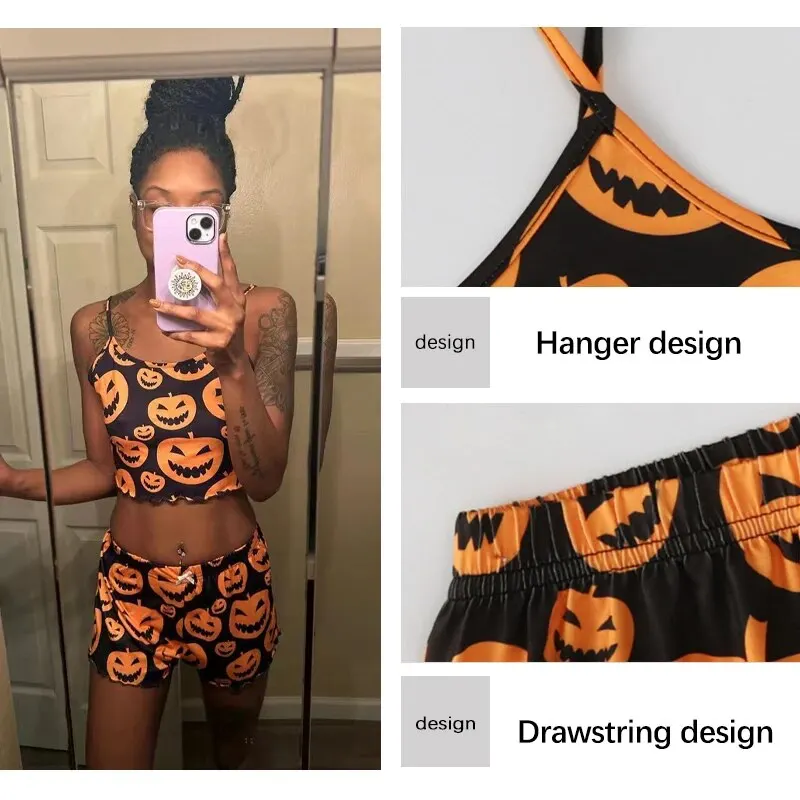 Halloween Pumpkin Print Pajama Set Spooky Pumpkin Head Print Round Neck Camisole Top and Pumpkin Lettuce Side Shorts Homewear Pa