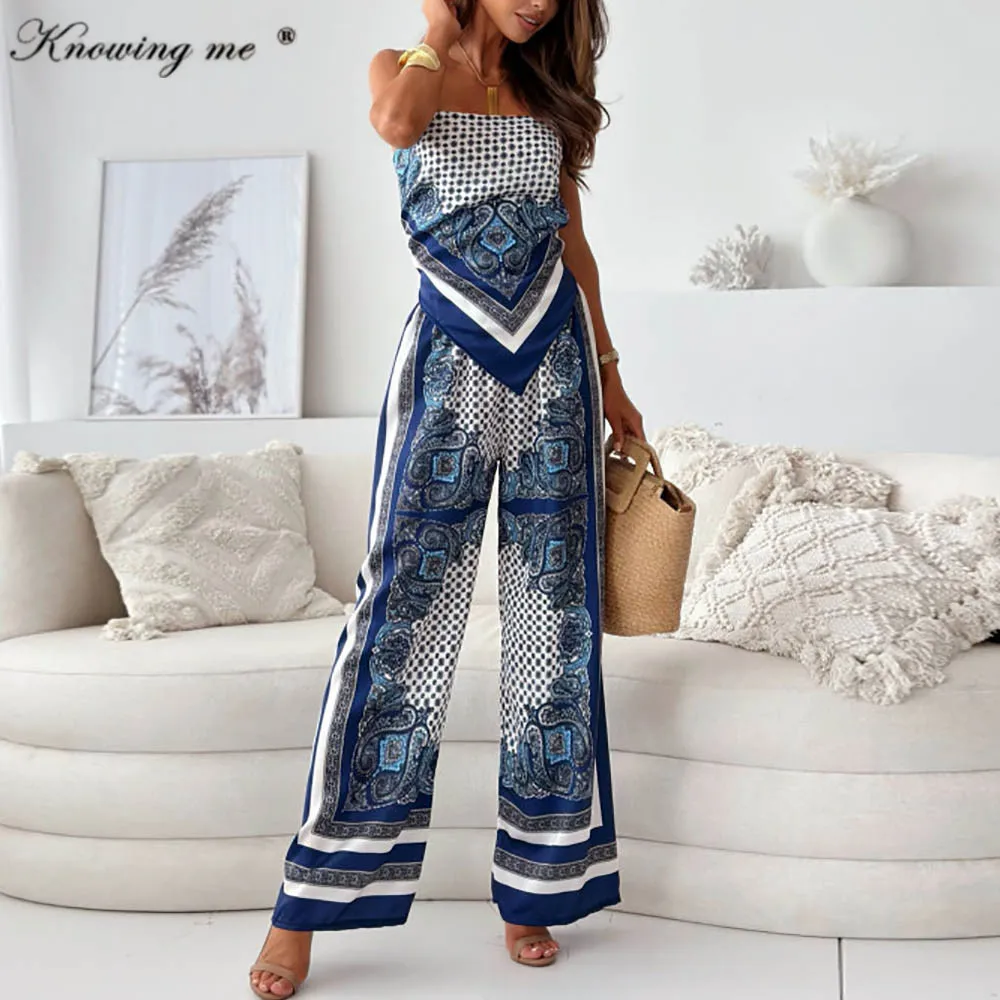 

Summer Women Spaghetti Strap 2pcs set Summer Tropical Print wide leg outfit set Elegant Fashion backless outifits set