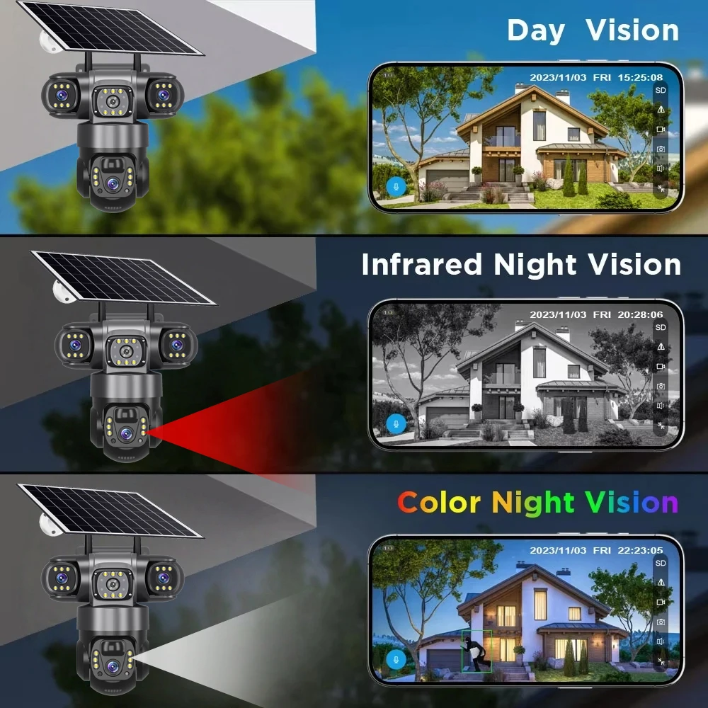 Telecamera wireless ad energia solare Video HD da 12 MP Rilevazione movimento PIR Visione notturna Design resistente alle intemperie App V380 Telecamere di sicurezza Wifi