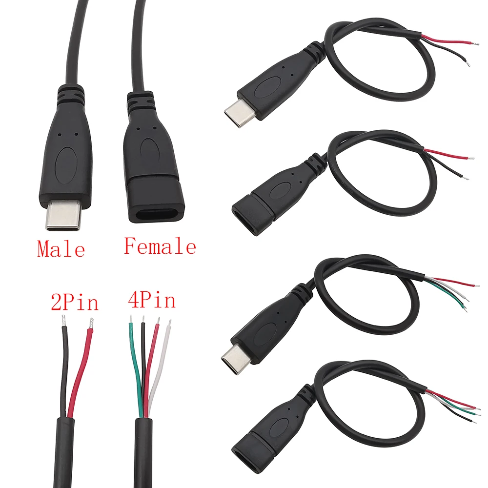 USB Tipo C macho e fêmea Plug Power Supply, carregador conector, 2 pinos, 4 pinos, USB-C DIY cabo de reparo, solda tipo fio, 0.3m, 1m, 2m