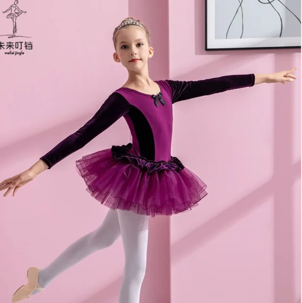 

1 шт./партия, детское бархатное балетное платье с длинным рукавом