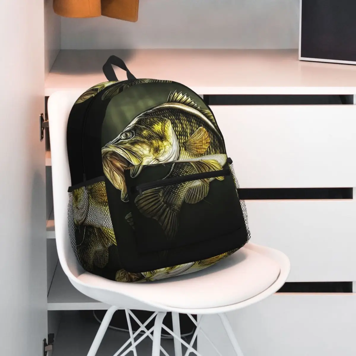 Bold Fish Black Background White Straps Backpack Student BookBag Children School Bag Laptop Shoulder Bags for Boys Girls