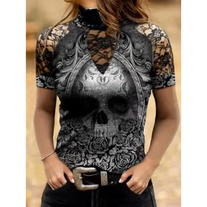 Summer Fashion Women Lace TurtleNeck Skull & Flower Print T-shirt Gothic Hollow Short Sleeve Tops