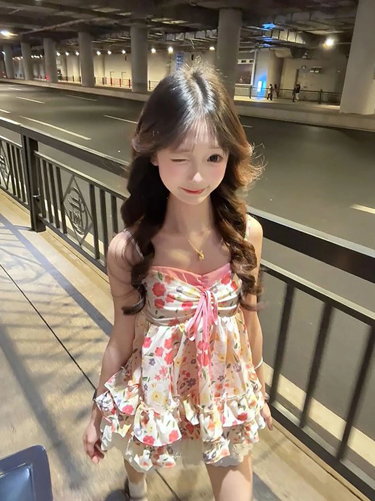 

Sweet Floral Print Crop Top Vest Gentle Soft High Waist A-Line Dress Summer Short Sleeve Women's Fashion College Style Dress