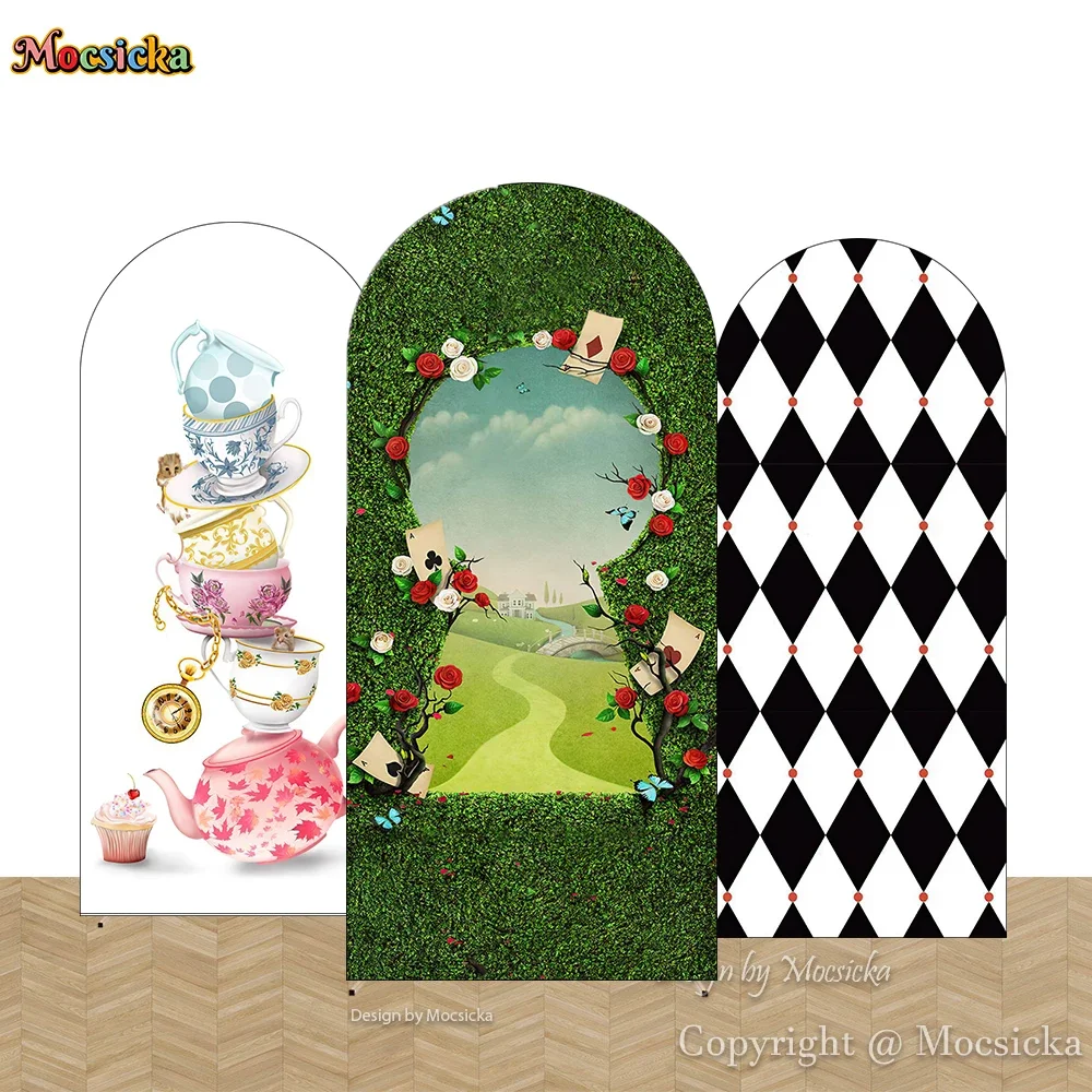 Mocsicka أليس في بلاد العجائب حفلة مقوسة خلفية عيد ميلاد فتاة الشاي حفلة التصوير زهرة ساعة الجيب خلفية صورة طفل