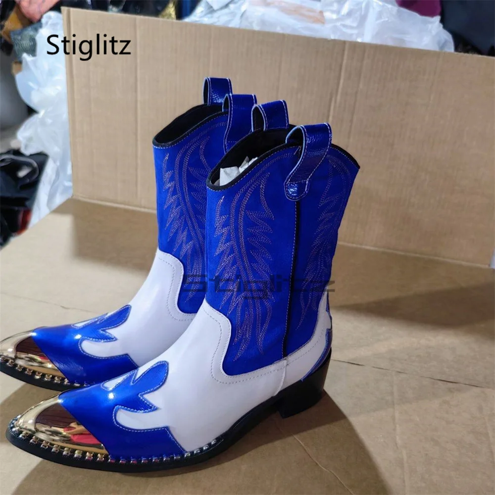 

Men's Blue White Embroidered Western Cowboy Boots Gold Metal Pointed Toe Cowhide Mid Calf High Heels Chelsea Boots Male Shoes