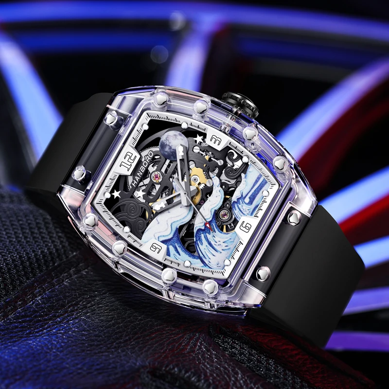HANBORO Heren automatisch horloge Luxe mechanisch polshorloge Tonneau Transparant acryl behuizing Waterdicht Volledig lichtgevende golfwijzerplaat