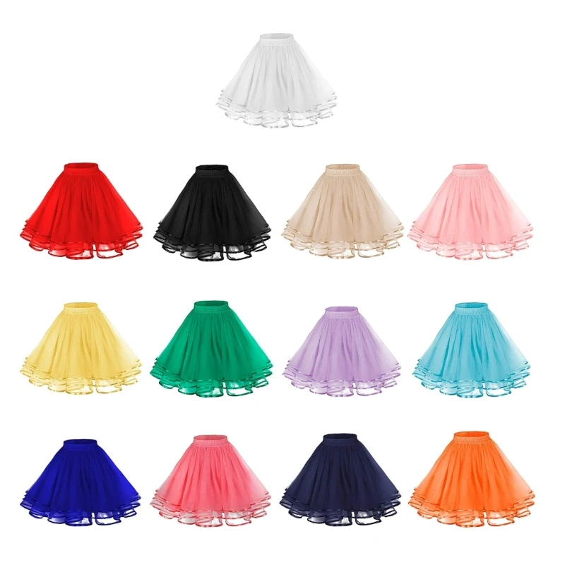 

Women 3 Layer Satins Tulle A Line Short Skirt Elastic Waist Underskirt