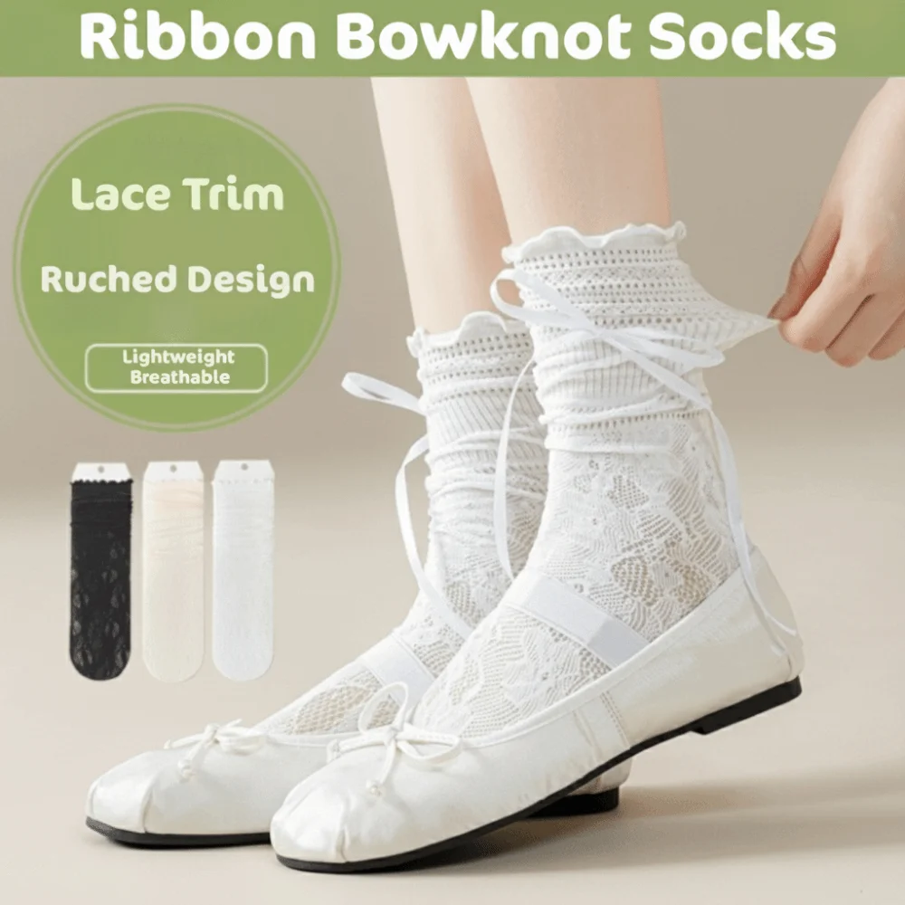 1 Pair Sweet Thin Ballet Style Socks Mesh Fishnet Mid-Calf Socks Bowknot Ruffled Lace Stacking Socks for Women