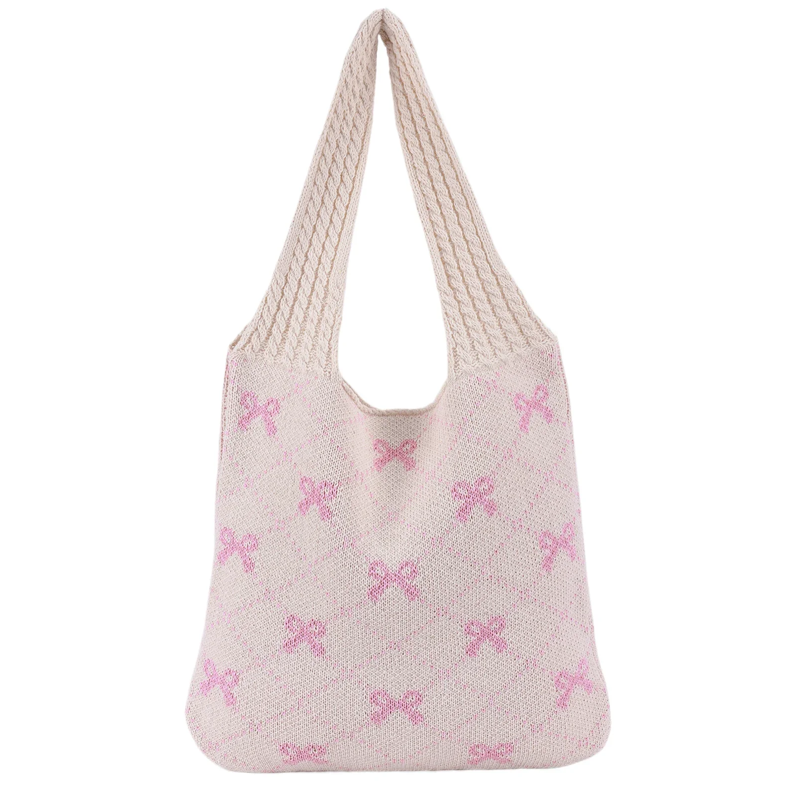 Women Crochet Tote Handbag Bow Printed Knitting Shoulder Bag Large Capacity Travel Shopping Handbag Ladies Daily Handbag