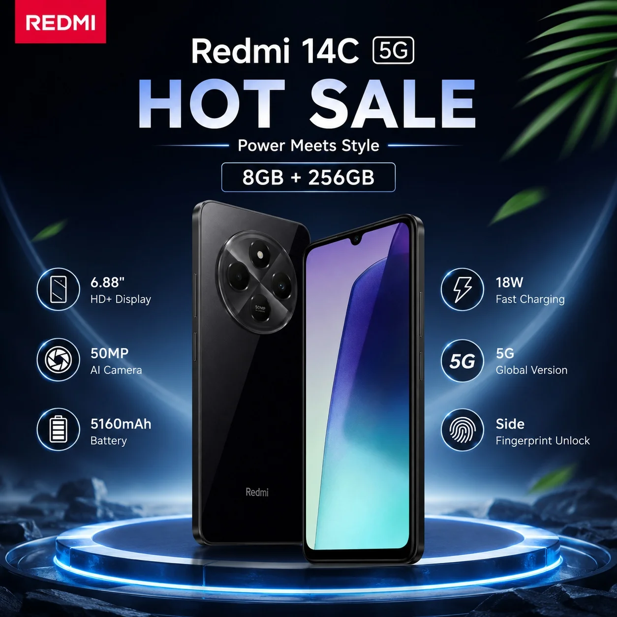2026 new Redmi 14C Mobile Phone 8GB+256GB, 50MP AI Camera, 120Hz Display, 5160mAh Long Battery, Helio G81-Ultra, AI Face Unlock