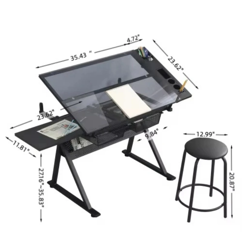 Black modern adjustable steel drawing and printing desk, equipped with a durable chair