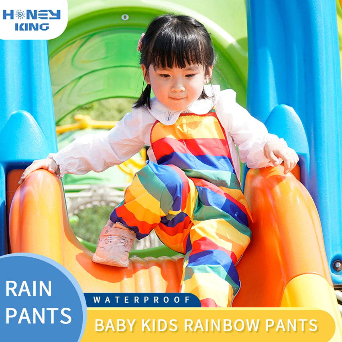 HONEYKING Kids Jumpsuit For Boys Toddler Outdoor Clothes Rainbow Colorful Waterproof Rain Pants Baby Girl Overalls For Children