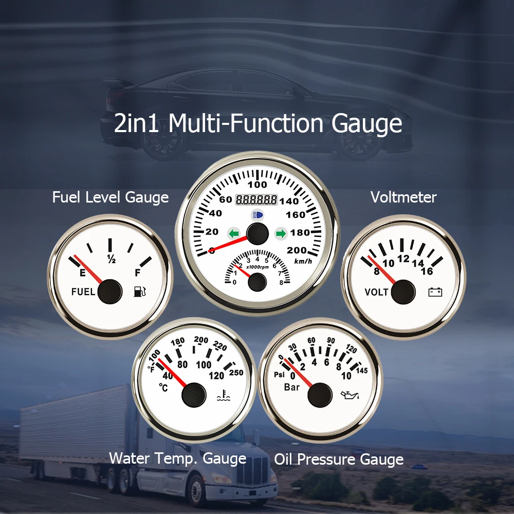 

ELING 85mm 0-200km/h GPS Speedometer 8000RPM Tachometer and 52mm Water Temp Oil Pressure Fuel Level Meter Voltmeter for Yacht