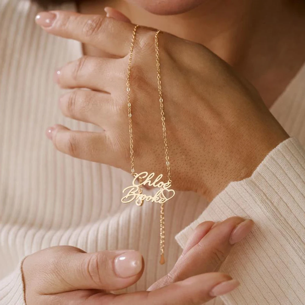 Kalung nama ganda yang dipersonalisasi dengan bentuk hati, Kalung nama yang disesuaikan, Kalung pasangan, Kalung ibu