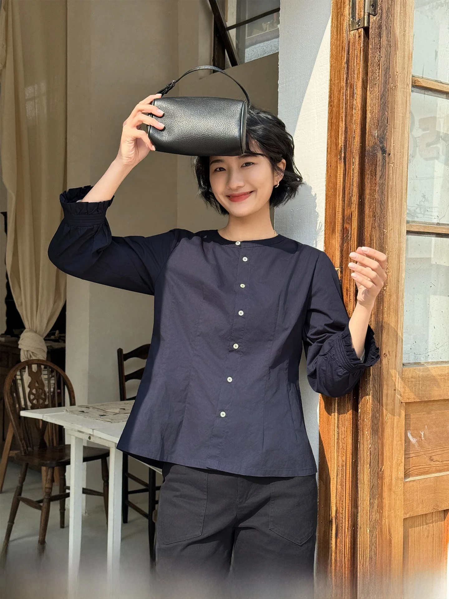 

Рубашка из чистого хлопка с длинными рукавами и круглым вырезом, женская облегающая рубашка с круглым вырезом, повседневная универсальная рубашка синего цвета, летняя новинка, рубашка