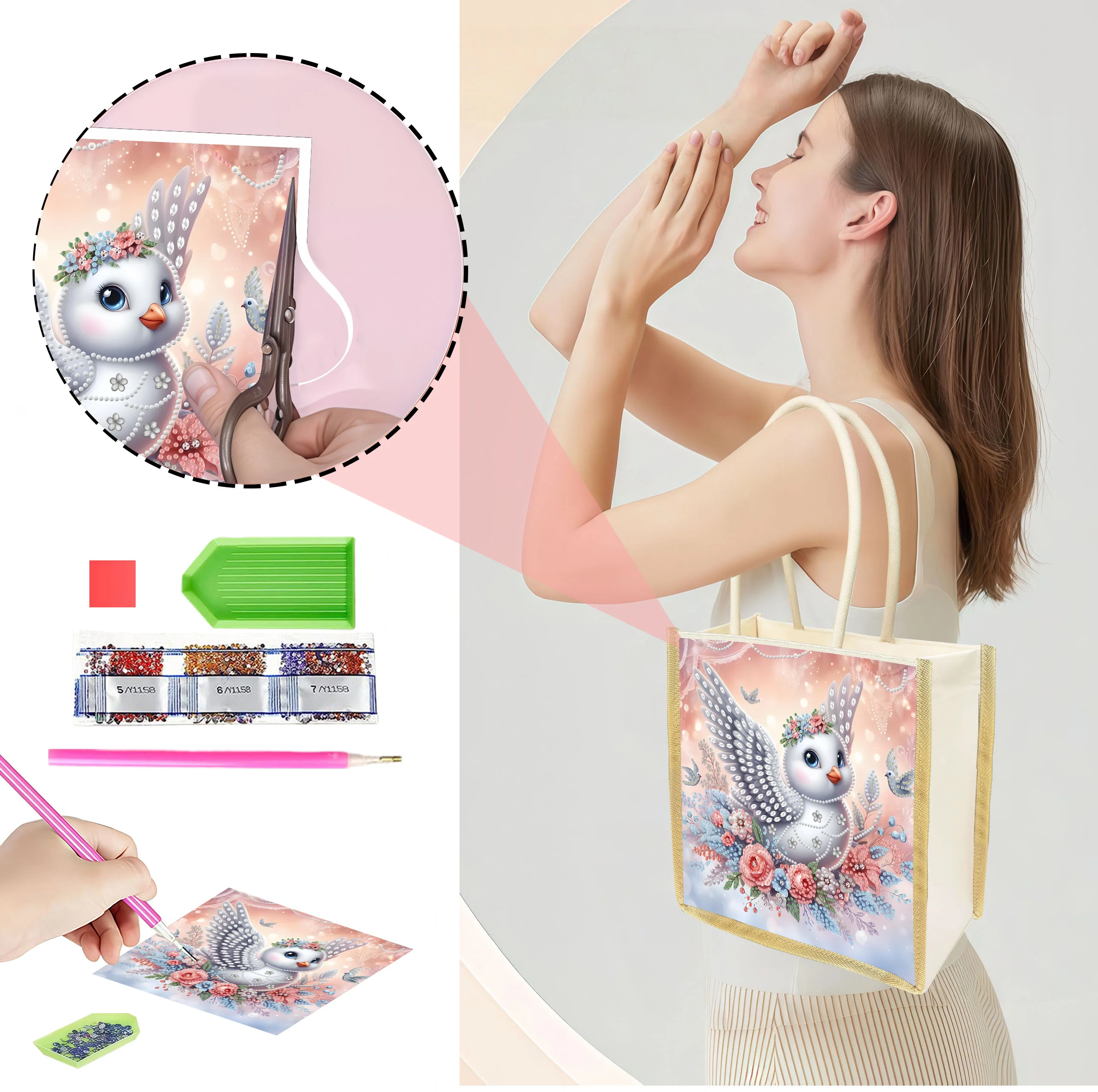 

Одна сумка для покупок из холщовой ткани с алмазной мозаикой и животным принтом, идеально подходит для портативных путешествий и хранения повседневных покупок.