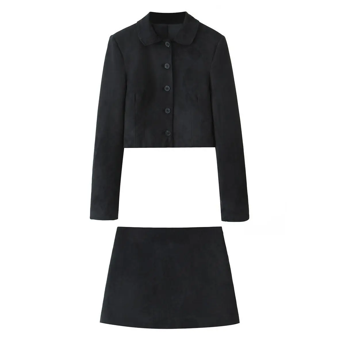 Women Black Suede Short Coat And Mini Skirt Matching Set 2 Pcs Sets