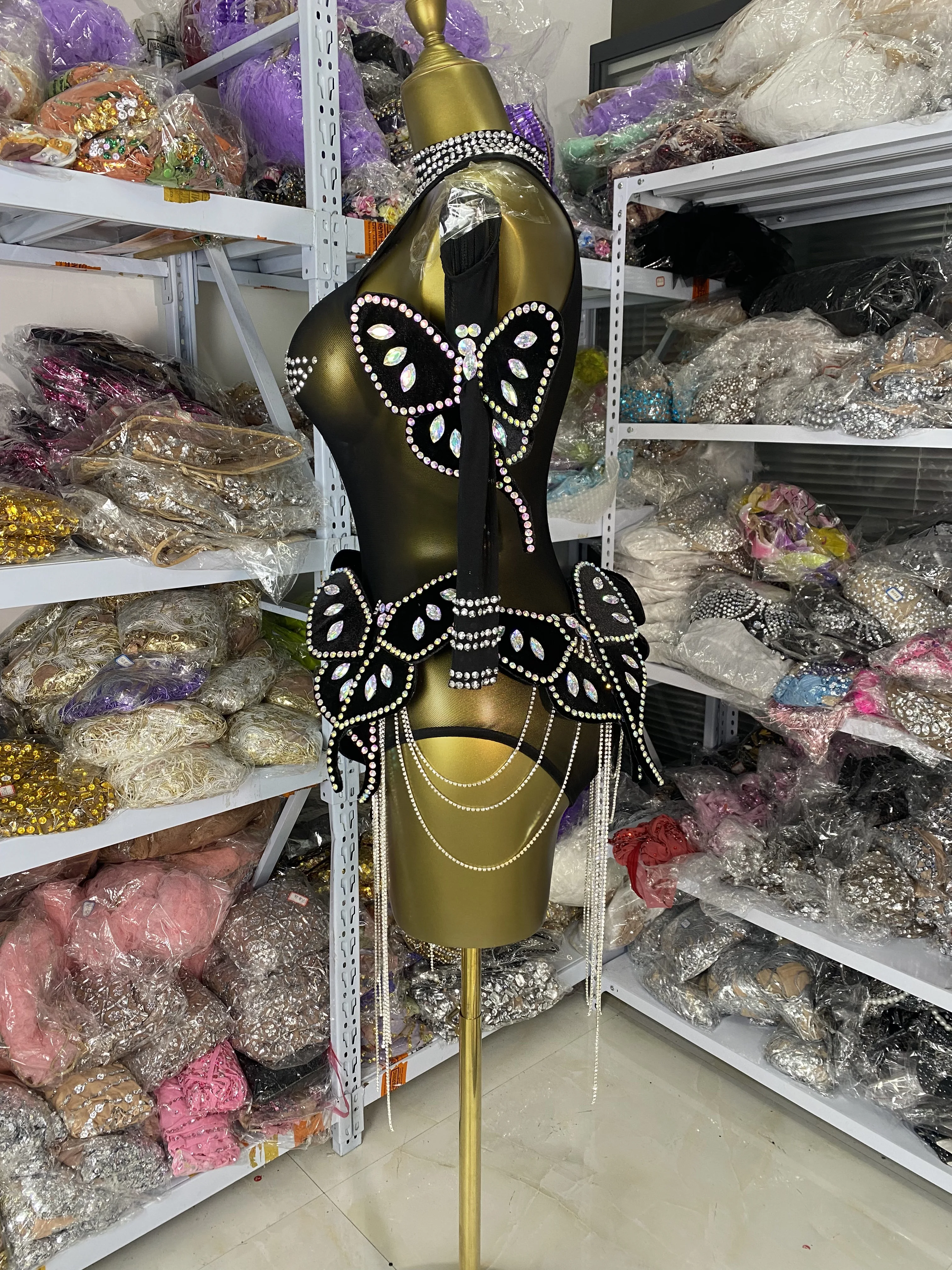 Sexy transparente strass borla malha bodysuit para mulheres festa de halloween borboleta cosplay traje bar cantor mostrar palco wear