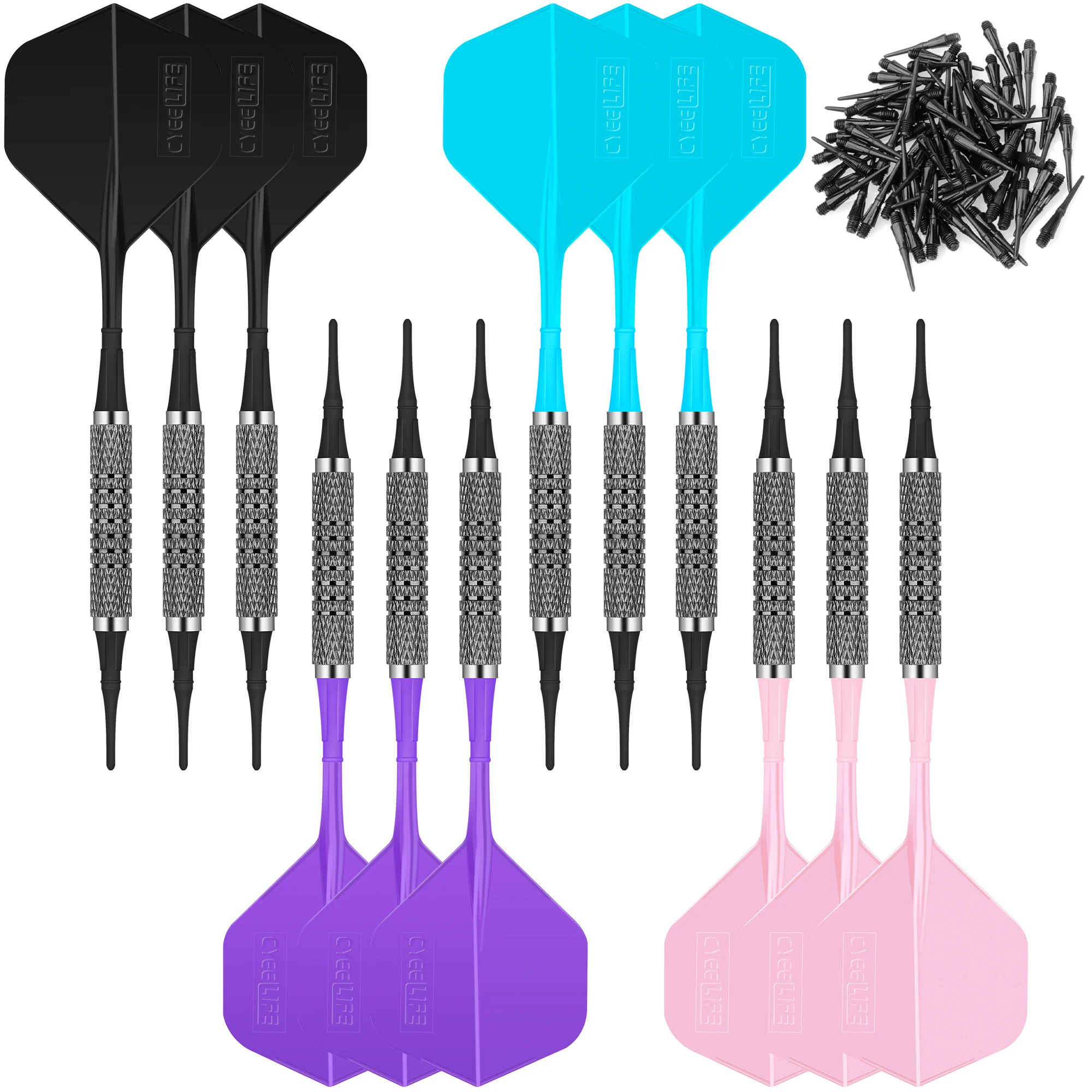 CyeeLife 12/14g Soft tip darts set 12 Packs with 4 Colors one piece Flights,100 plastic points