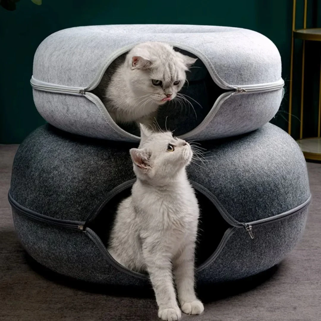 

Cat Toy Tunnel Round Bed Interactive Game Dual-use Kitten Training House Cats Hiding Spot Felt Dount Bed Washable Sleeping Cave