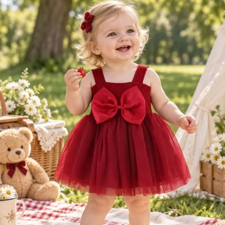 Infant Evening Dress Sweet Bow Newborn Baby Girl Baptism Toddler Sling Mesh Puffy Christening Birthday Party Princess Kids Cloth