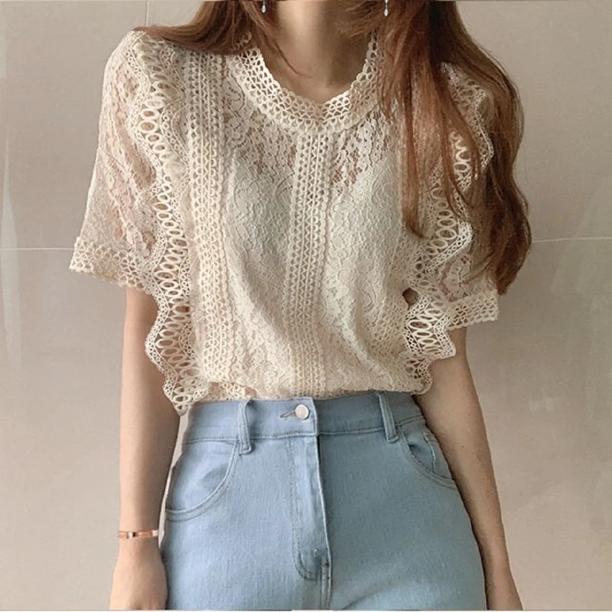 Women T-shirt Short Sleeve Lace Korean Fashion Style Summer Top Casual Stylish Stand Collar Street Creative  Female Clothing