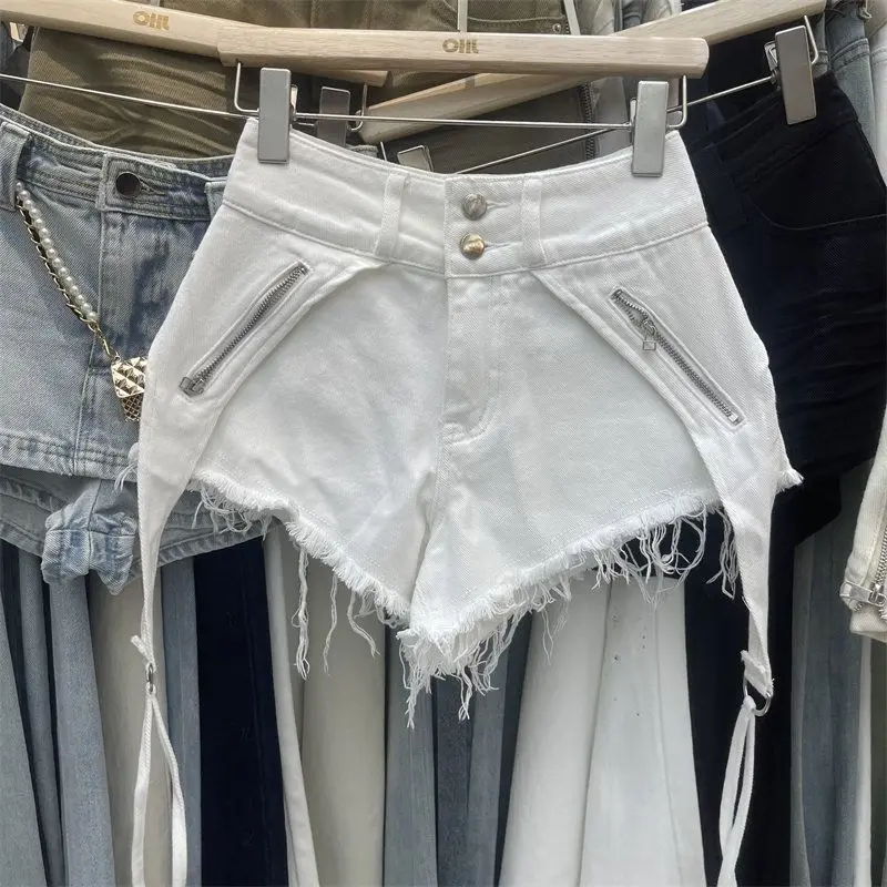 

Zipper Splicing High Waist Buckle Rough Edge Irregular Design Sense A-word Denim Shorts Summer Wide-leg Jeans Hot Pants
