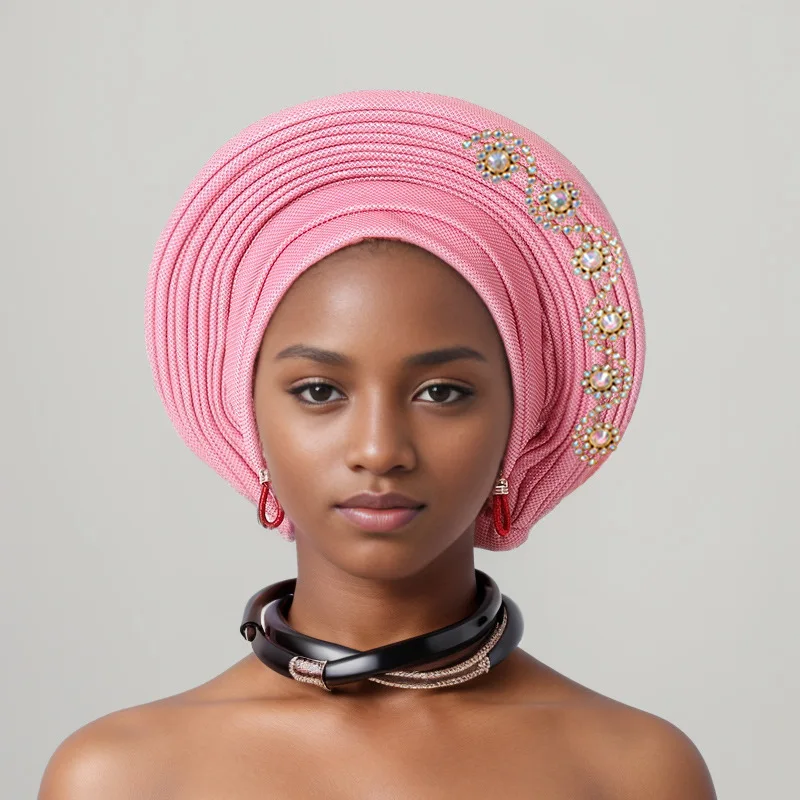 Nigerian Wedding Geles African Headtie Auto Gele Turbans for Women Aso Oke Fabric Muslim Headwear Headpiece Female Head Wraps