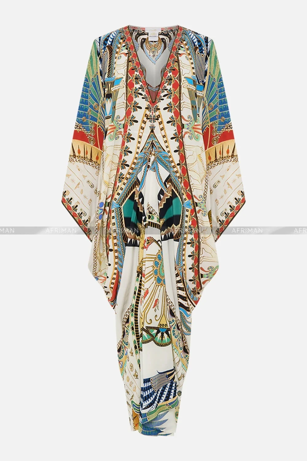 Women Pajamas Style V Neck Heavy Beaded Retro Print Cloak Loose Long Silk Dress