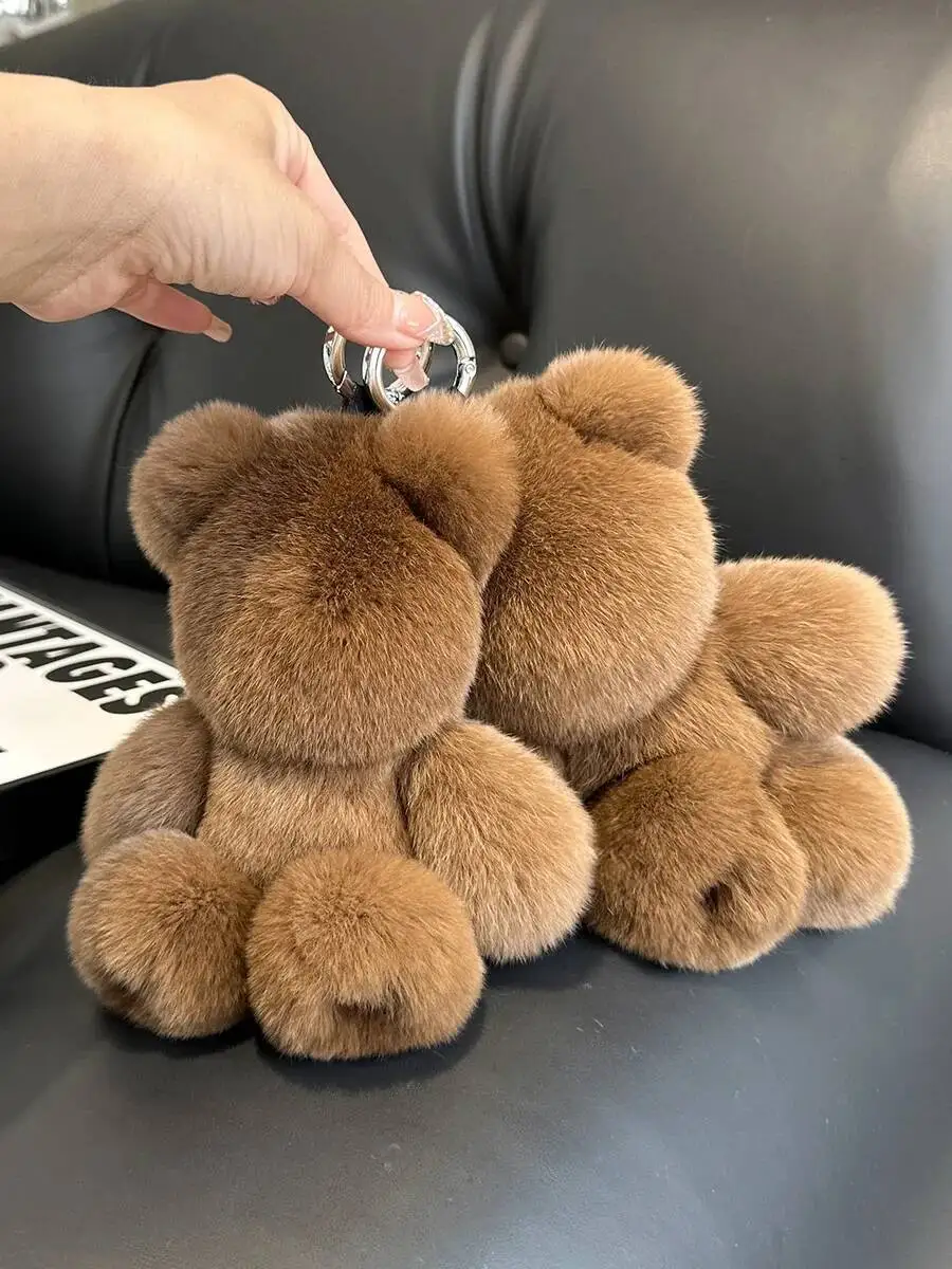 ファッション新作可愛いクマキーホルダー本物のウサギの毛皮クマ人形ペンダントおもちゃキーリングハンドバッグチャーム飾りぬいぐるみジュエリーギフト