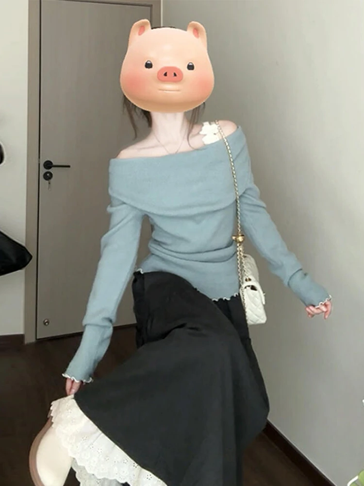 

Новый женский комплект: элегантное платье с одним открытым плечом и длинным рукавом, юбка А-силуэта. Идеально для весны и осени.