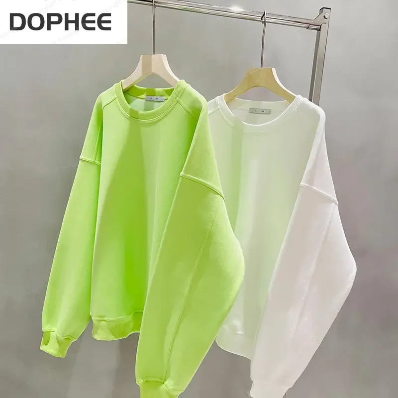 

Pure Cotton Candy Color Loose O-neck Pullovers Top Casual Streetwear Sweatshirt Lazy Wind Korea Women Hoodie Batwing Sleeve