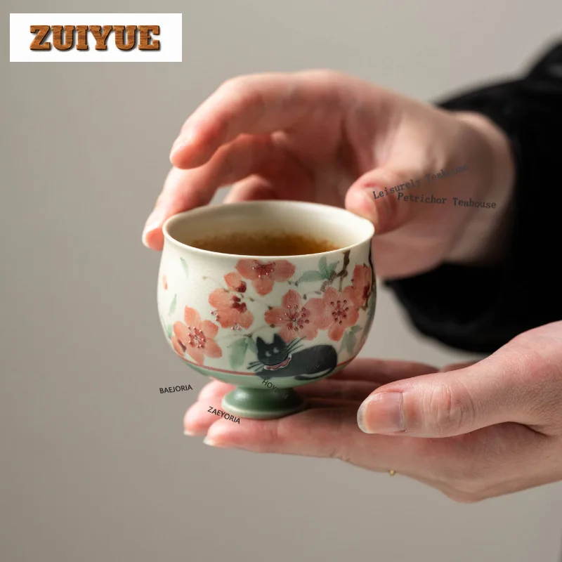 HOYIHM 110ml Hand-painted Cherry Blossom Cat Teacup Retro Tea Bowl Cup For Tea Tea-tasting Smelling Cup Chazhan Master Cups Gift