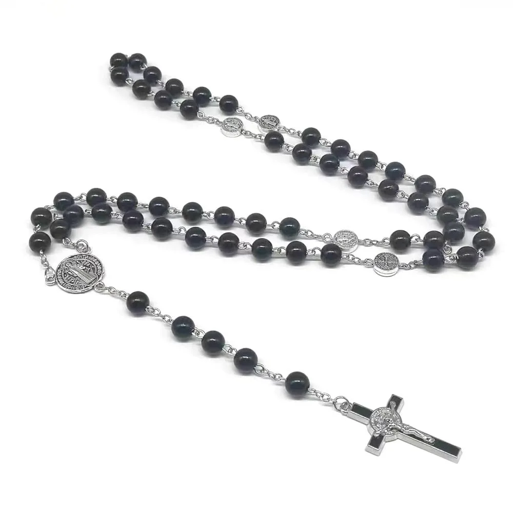 Black and white round bead prayer bead cross pendant necklace glass imitation pearl long sweater chain for UNISEX