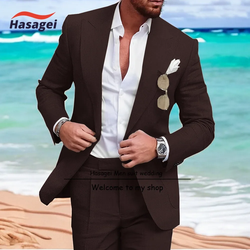 Conjunto de traje de lino para hombre, traje de 2 piezas de corte ajustado para playa, boda, padrino de boda, traje de fiesta informal