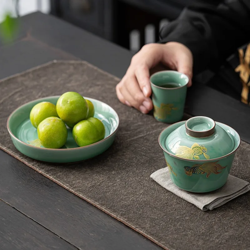 Green Cover Bowl Teacup Ceramic Three Tea Cover Cup Bowl Celadon Koi With A Base To Prevent Scalding Worship Tea Bowl